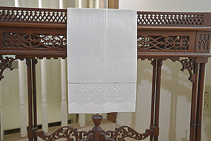 White Hemstitch Guest Towel with White Polka Dots. #077